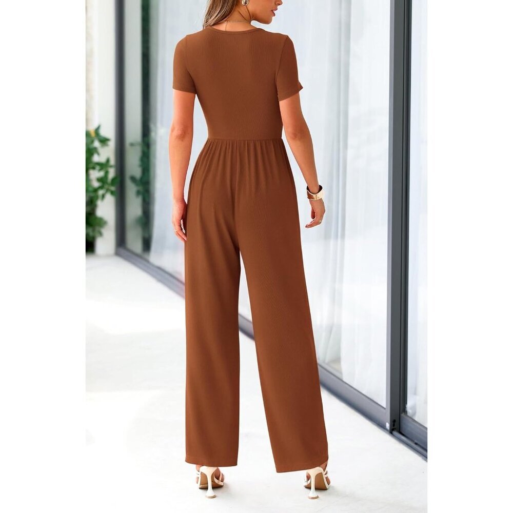 Women's Brown Summer Short Sleeve Square Neck Wide Leg Rompers Jumpsuits - Picture 2 of 8